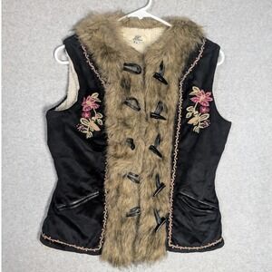 Fifi Collection Vest Womens Medium Black Faux Fur Floral Embroidered Hippe Folk